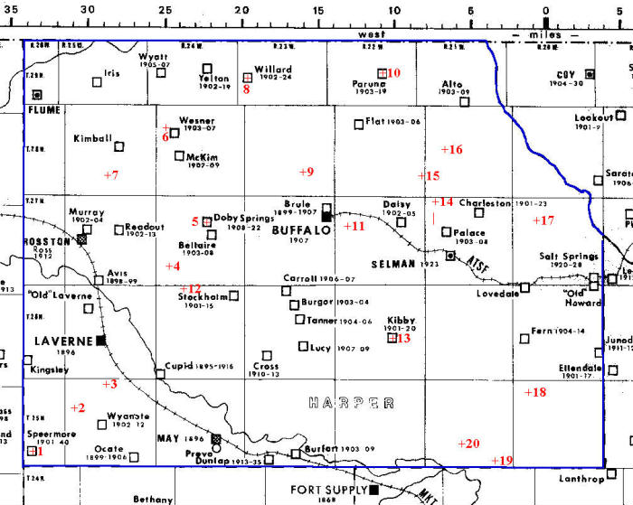 map of Harper County, Oklahoma showing existing citys, towns, villages. Also Post Offices  and places that no longer exist 